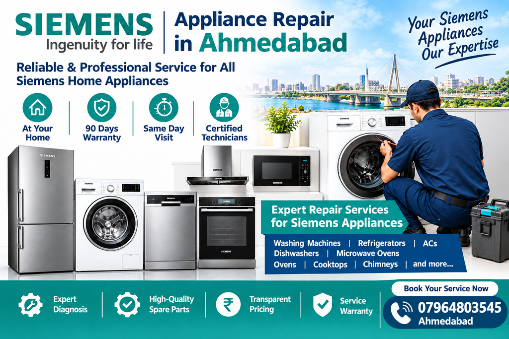 We Provide Reliable And Professional Siemens Appliance Repair Services In Ahmedabad, India, Offering Convenient Doorstep Repair And Maintenance Solutions For Your Home Appliances. Our Skilled Technicians Have Experience In Diagnosing Appliance Issues And Recommending Suitable Repair Solutions With Professional Care And Attention To Detail.